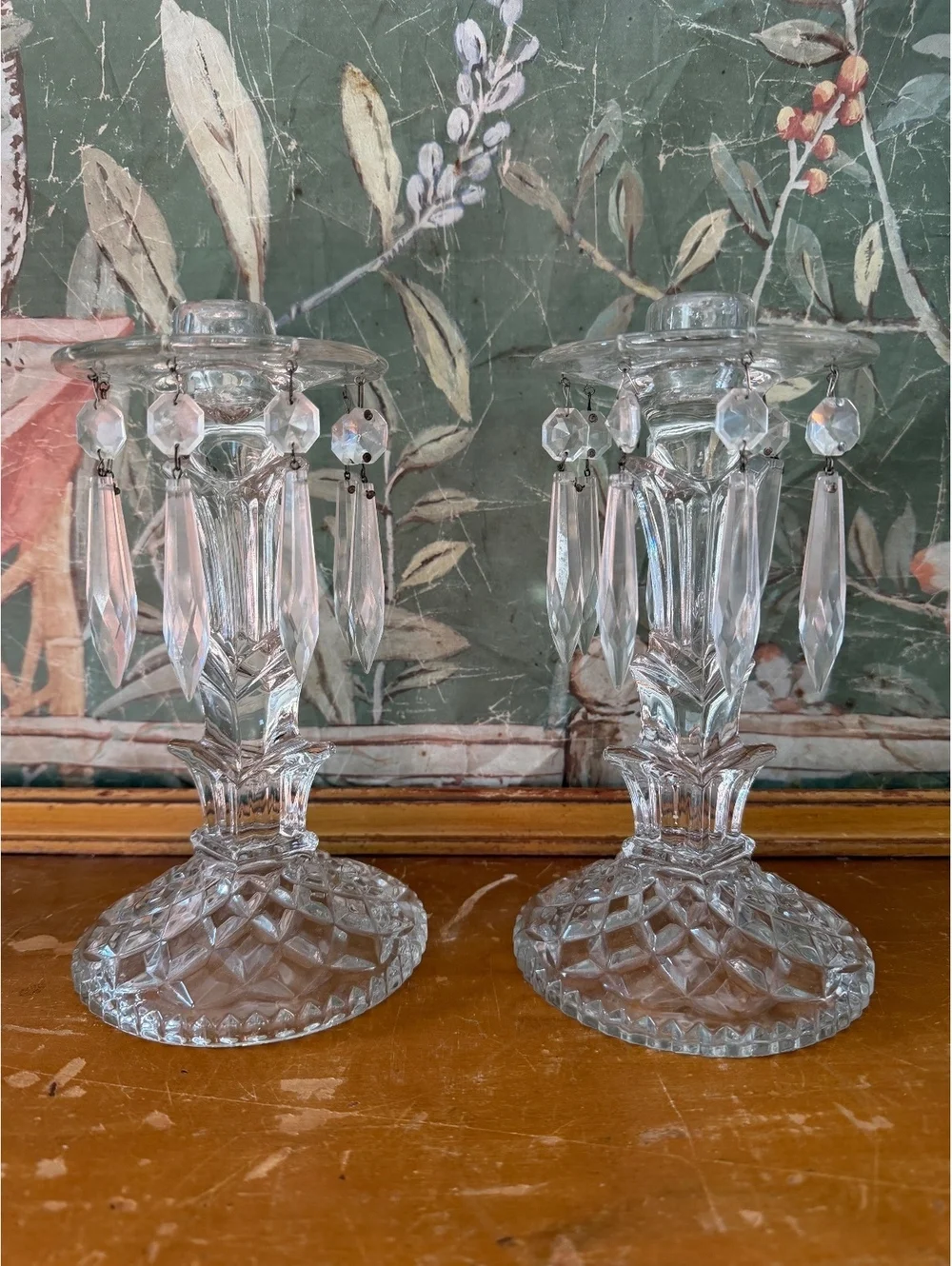 Pair of Vintage Glass Candelabra Candle Holders with Hanging Prisms